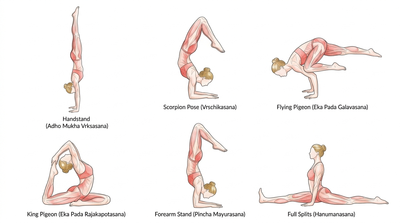 6 advanced yoga poses illustrated - Handstand, Scorpion, Flying Pigeon, King Pigeon, Forearm Stand, Splits