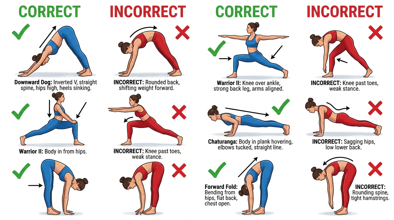 Correct vs incorrect alignment comparison for common yoga poses
