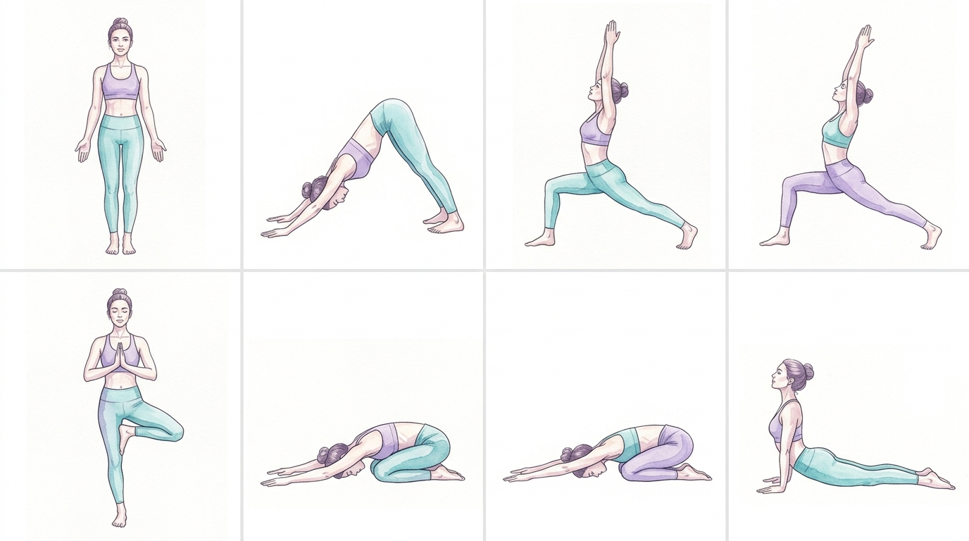8 foundational beginner yoga poses illustrated - Mountain, Downward Dog, Warrior I, Chair, Tree, Child's, Extended Child's, Cobra