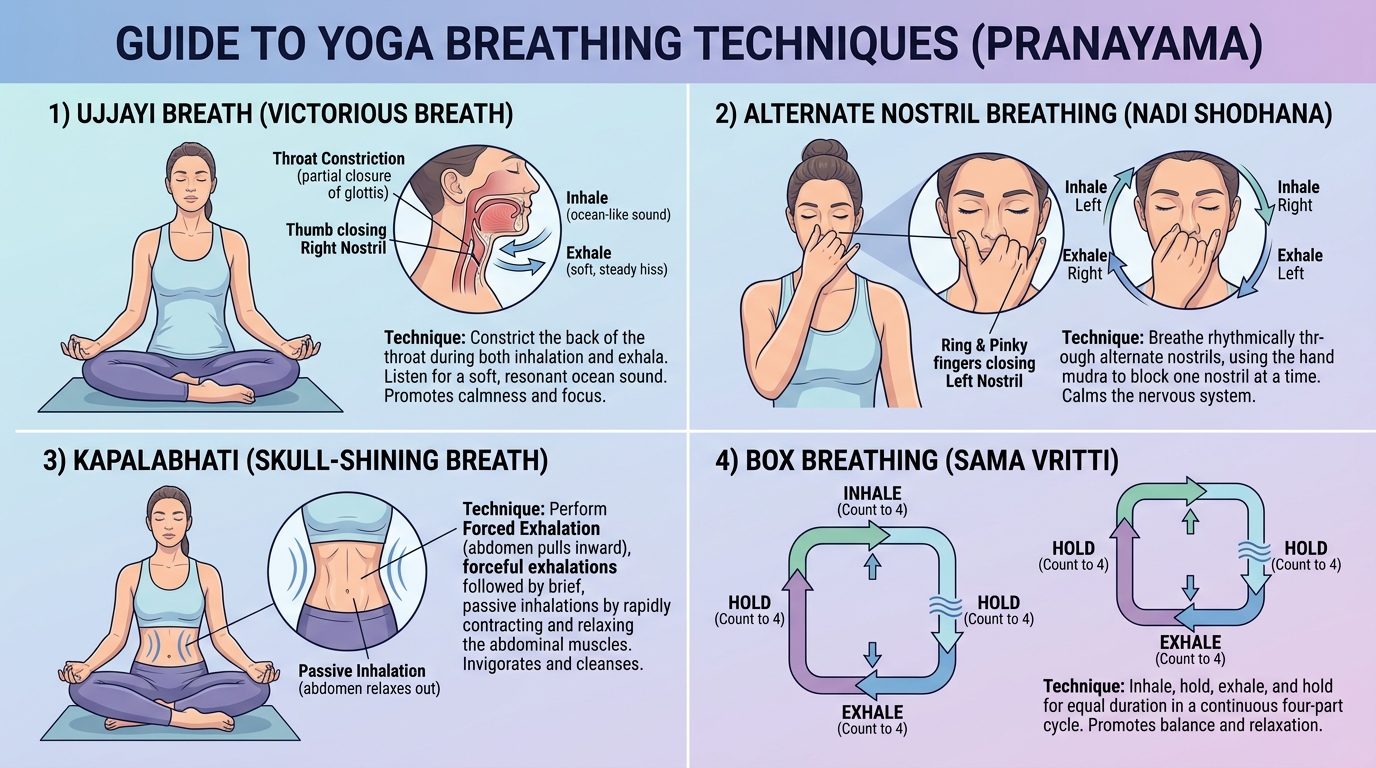 Illustrated guide to yoga breathing techniques - Ujjayi, Nadi Shodhana, Kapalabhati, Box Breathing