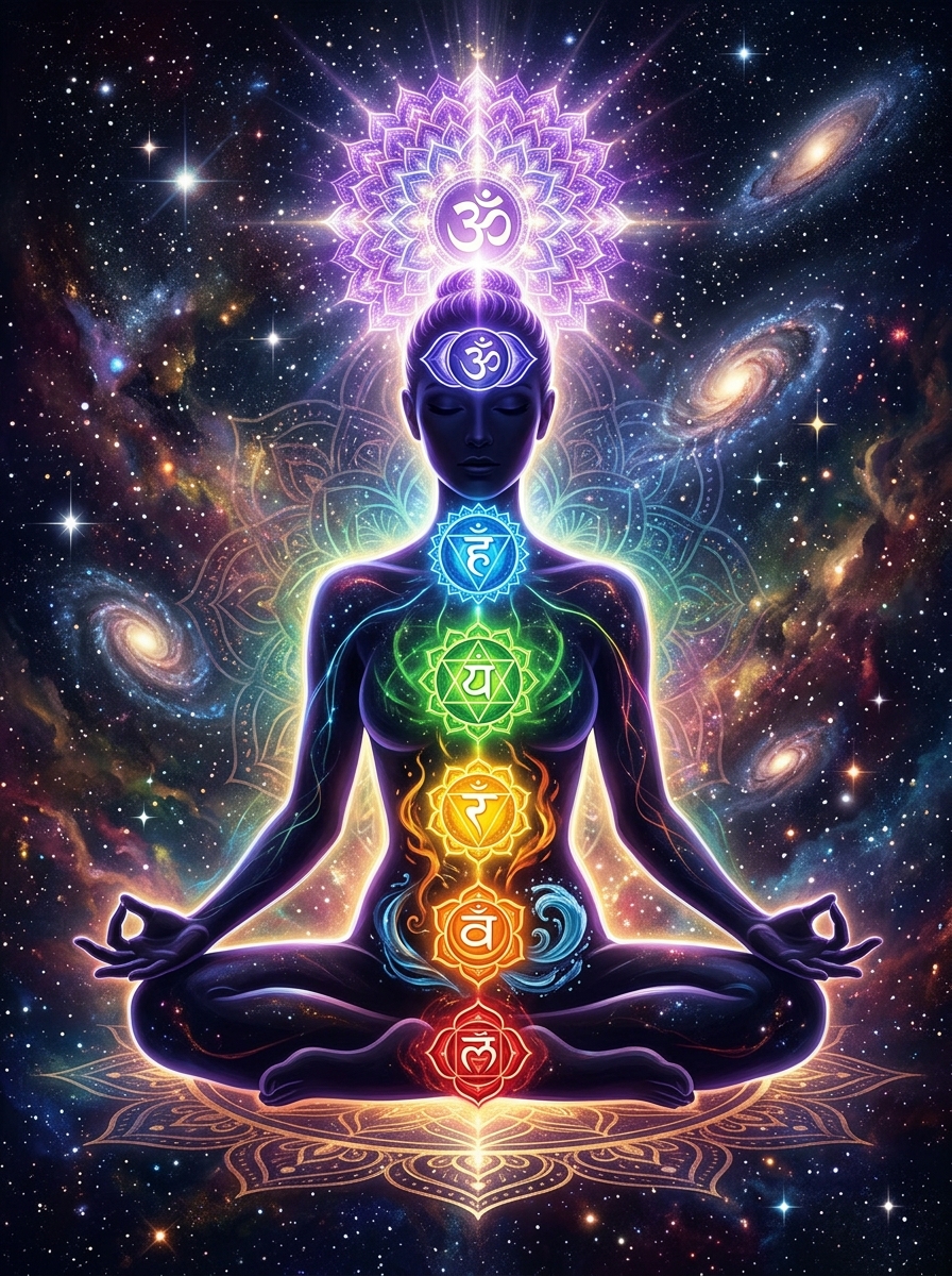 The 7 chakras of the human body - detailed illustration with Sanskrit symbols
