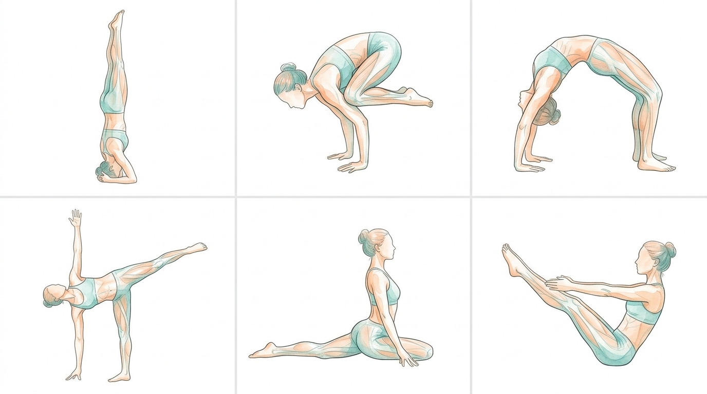 6 intermediate yoga poses illustrated - Headstand, Crow, Wheel, Half Moon, Pigeon, Boat