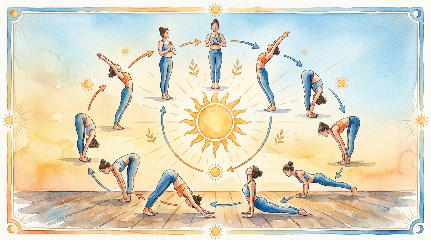 Complete Sun Salutation A sequence - illustrated flow diagram showing all transitions